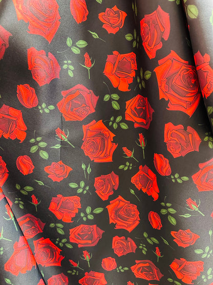 New Romantic Rose design print on great quality of neoprene super techno 2-way stretch black/red sold by the YD. Ships worldwide from L.A