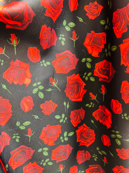 New Romantic Rose design print on great quality of neoprene super techno 2-way stretch black/red sold by the YD. Ships worldwide from L.A