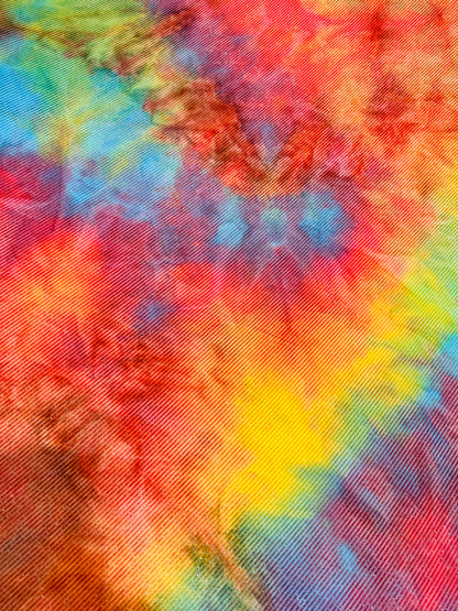 Tie dye rainbow print on great quality of poly spandex 2-way stretch 58/60” Sold by the YD. Ships worldwide from Los Angeles California USA