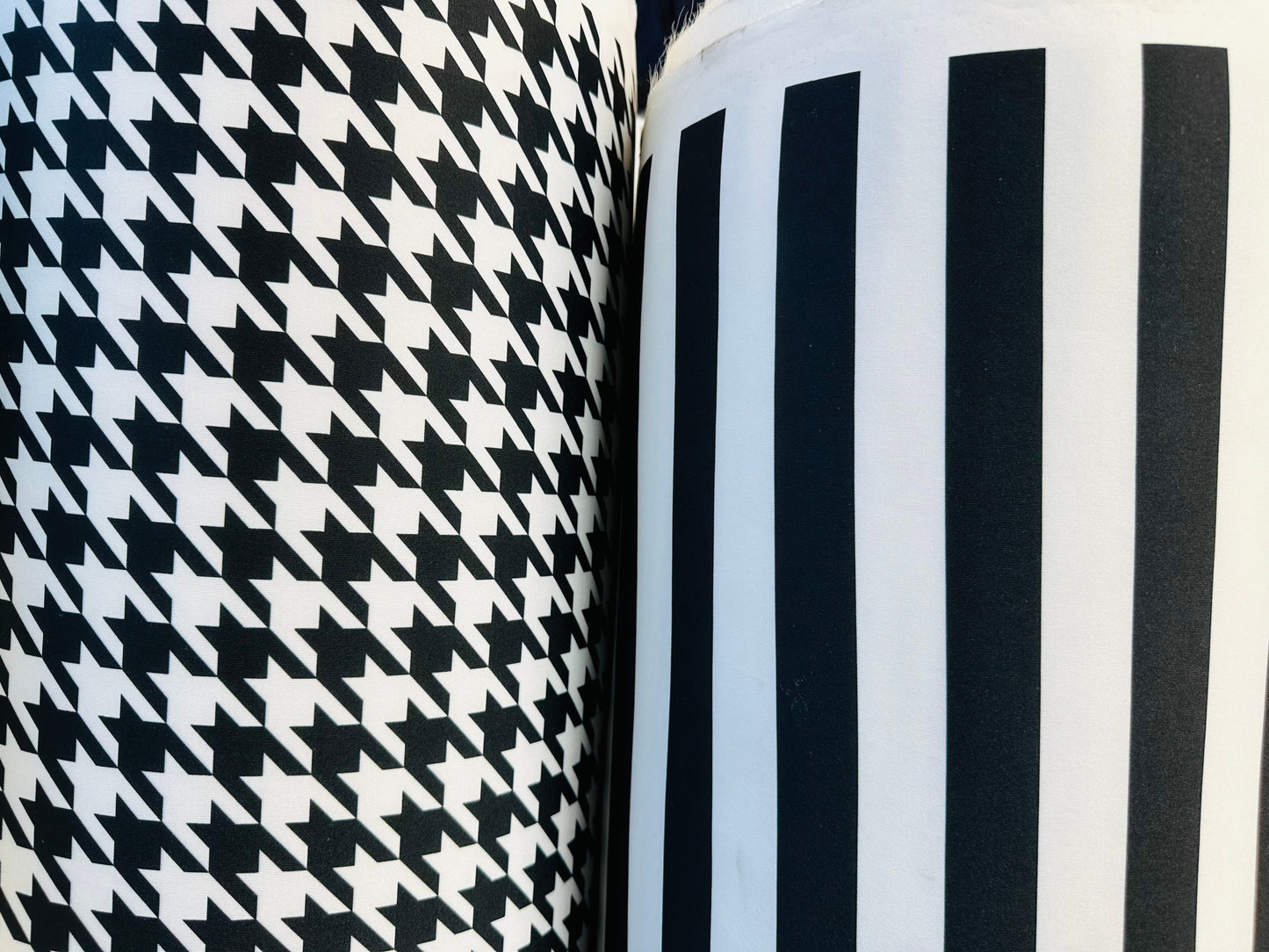 New camouflage, houndstooth and stripes design print on neoprene super techno 2-way stretch 58/60” Sold by the YD. Ships worldwide