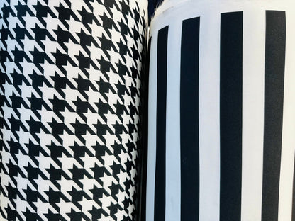 New camouflage, houndstooth and stripes design print on neoprene super techno 2-way stretch 58/60” Sold by the YD. Ships worldwide