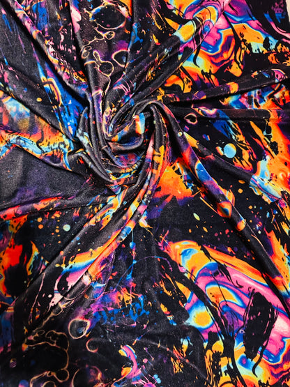 New modern abstract design multicolor print on great quality of stretch velvet 4-way stretch 58/60” Sold by the YD. Ships worldwide from L.A