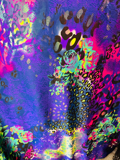 New Exotic Safari design print on spandex satin 2-way stretch light weight 58/60” Sold by the YD.  Ships worldwide from L.A