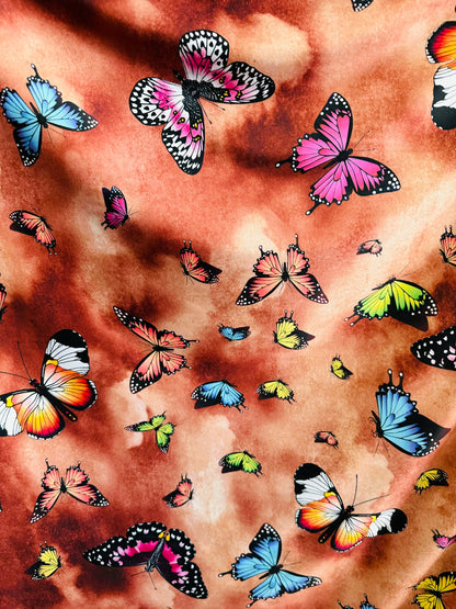 Butterfly design Multicolor print on great quality of poly spandex 2-way stretch 58/60” Sold by the YD. Ships worldwide from L.A CA