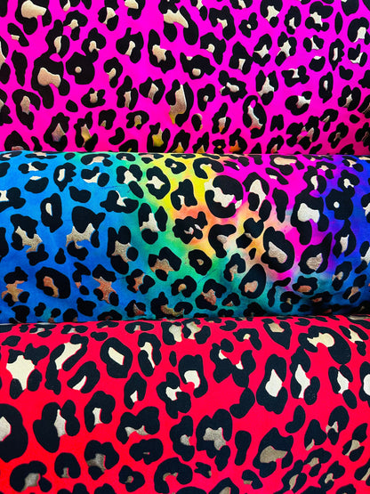 Exotic Leopard design metallic tie dye nylon spandex 4-way stretch 58/60” Sold by the YD. Ships worldwide from Los Angeles California USA