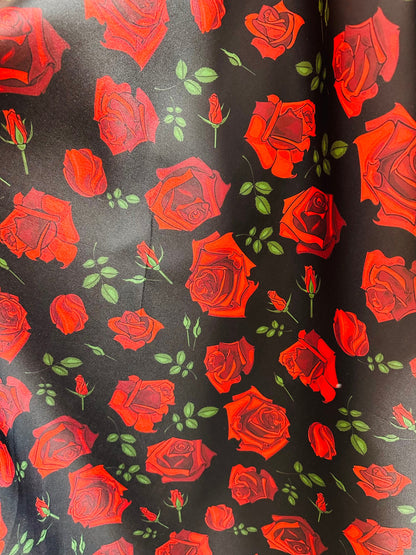 New Romantic Rose design print on great quality of neoprene super techno 2-way stretch black/red sold by the YD. Ships worldwide from L.A