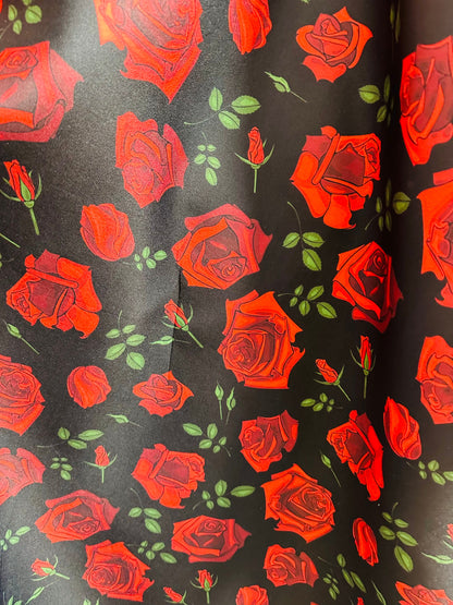 New Romantic Rose design print on great quality of neoprene super techno 2-way stretch black/red sold by the YD. Ships worldwide from L.A