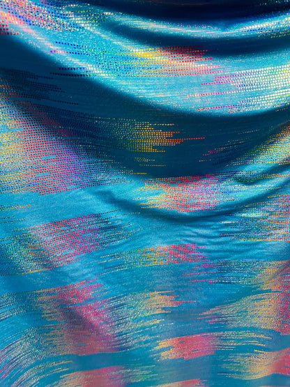 Abstract digital design metallic hologram nylon spandex 4-way stretch 58/60” Sold by the YD. Ships worldwide from Los Angeles California USA