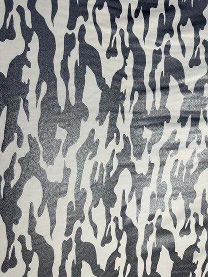 Camouflage design White/Gray print on nylon spandex 4-way stretch 58/60”