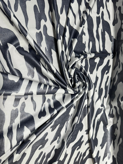 Camouflage design White/Gray print on nylon spandex 4-way stretch 58/60”