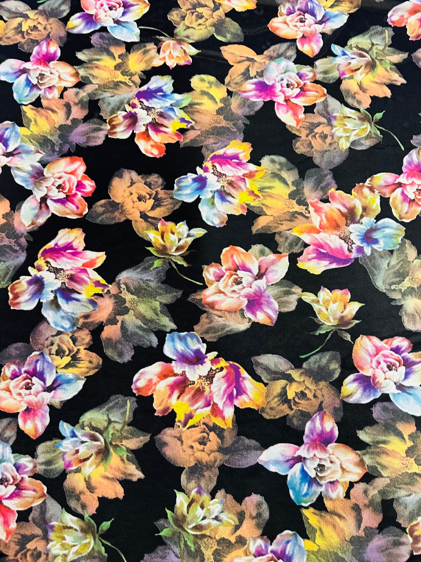 3D  Romantic Flower design black multicolor print on power mesh 4-way stretch 58/60”