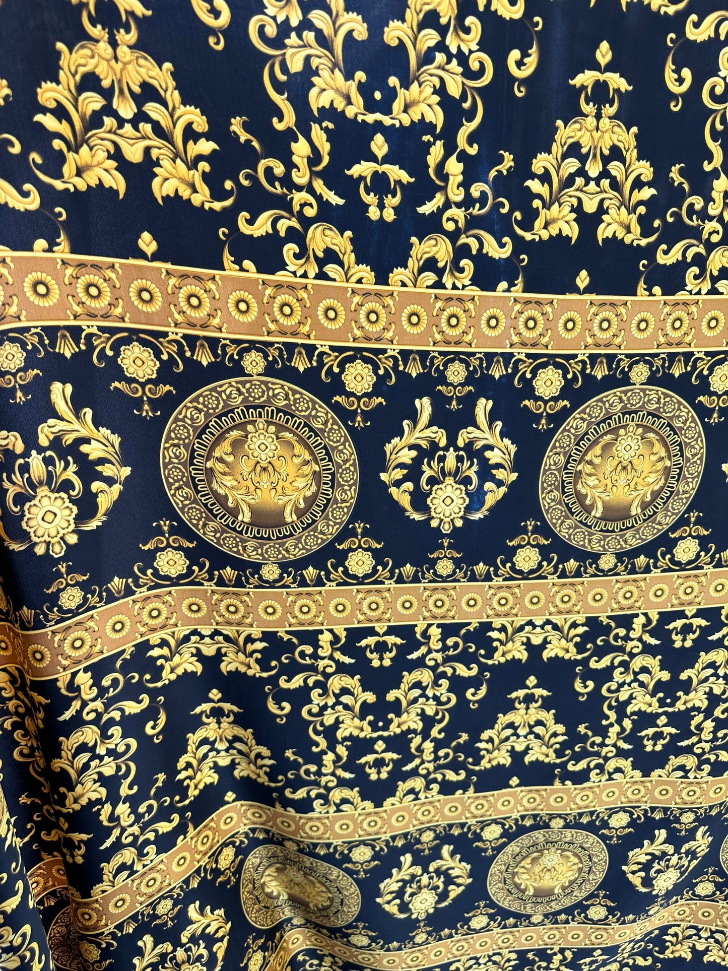 Luxury Fashion Brand design Black/Gold print on high quality of silky charmeuse satin 2-way stretch 58/60” Sold by the YD.