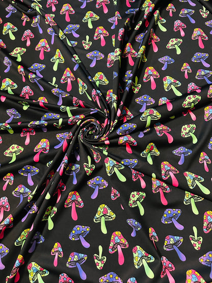 Mushrooms design with neon rainbow colors print on poly jumbo spandex 4-way stretch 58/60”