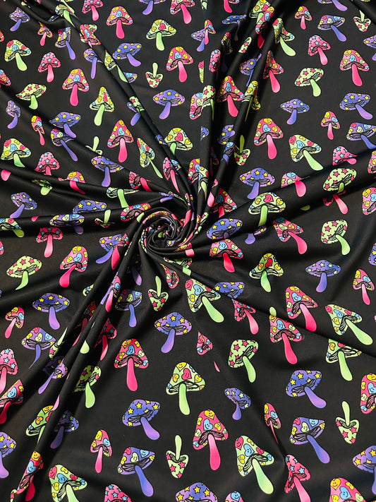 Mushrooms design with neon rainbow colors print on poly jumbo spandex 4-way stretch 58/60”