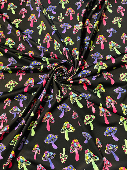 Mushrooms design with neon rainbow colors print on poly jumbo spandex 4-way stretch 58/60”