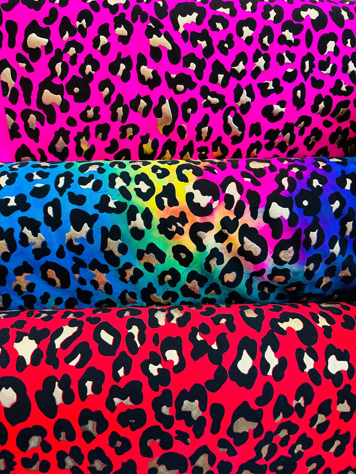 Exotic Leopard design metallic tie dye nylon spandex 4-way stretch 58/60” Sold by the YD. Ships worldwide from Los Angeles California USA