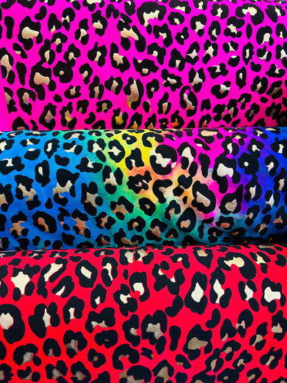 Exotic Leopard design metallic tie dye nylon spandex 4-way stretch 58/60” Sold by the YD. Ships worldwide from Los Angeles California USA