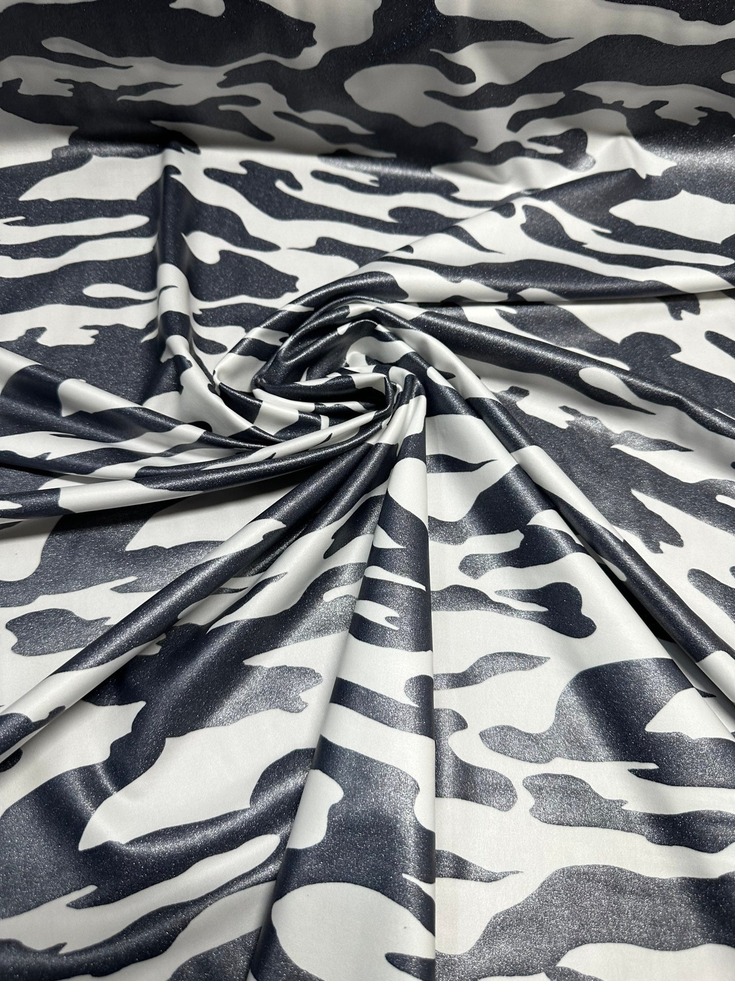 Camouflage design White/Gray print on nylon spandex 4-way stretch 58/60”