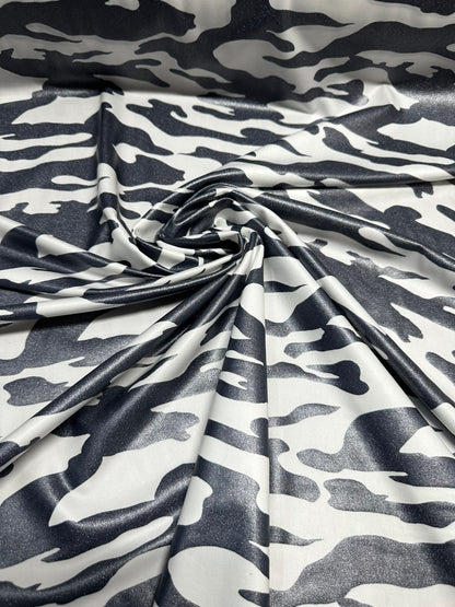 Camouflage design White/Gray print on nylon spandex 4-way stretch 58/60”