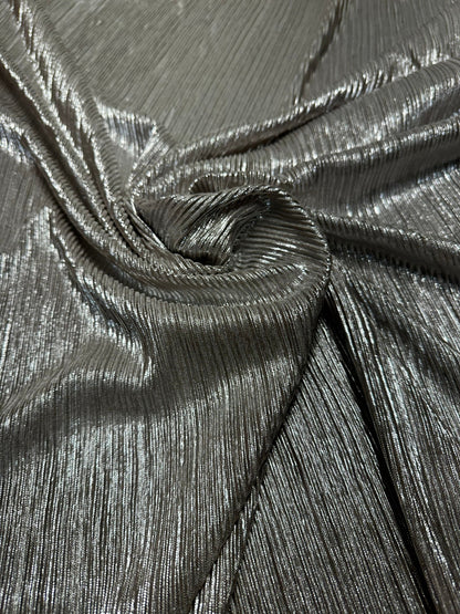 New accordion metallic pleated poly spandex blush/Silver 2-way Stretch 58/60” Sold by the YD. Ships Worldwide from Los Angeles California