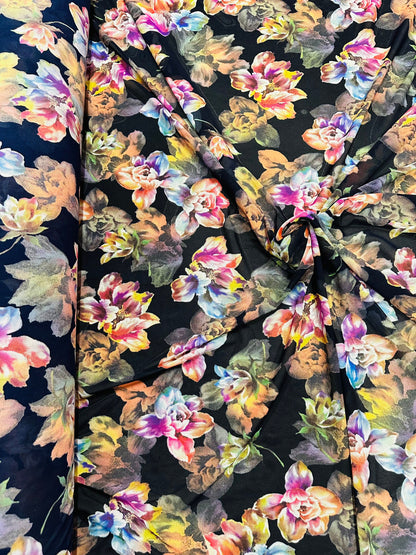 3D  Romantic Flower design black multicolor print on power mesh 4-way stretch 58/60”