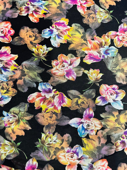 3D  Romantic Flower design black multicolor print on power mesh 4-way stretch 58/60”