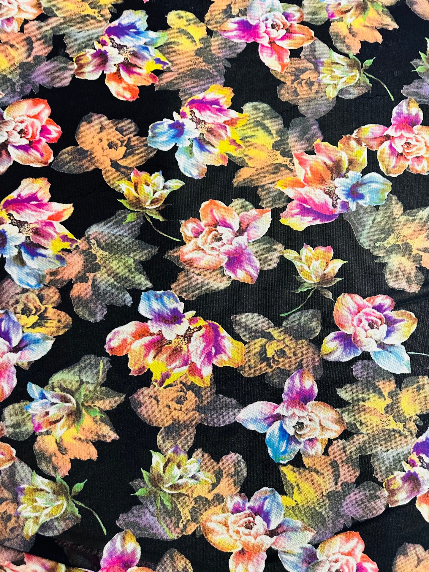 3D  Romantic Flower design black multicolor print on power mesh 4-way stretch 58/60”