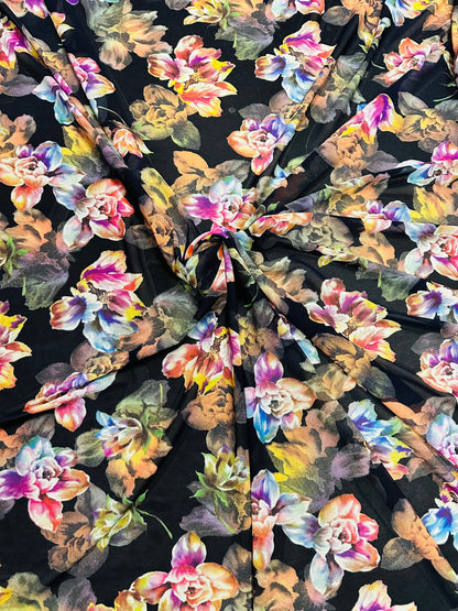 3D  Romantic Flower design black multicolor print on power mesh 4-way stretch 58/60”