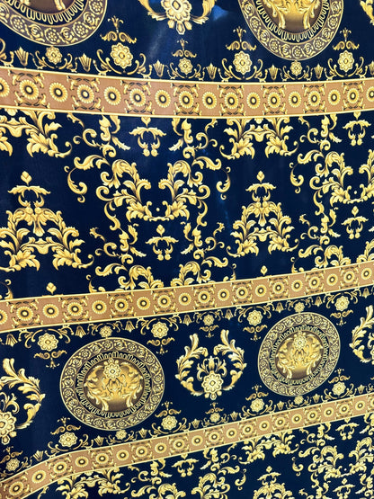 Luxury Fashion Brand design Black/Gold print on high quality of silky charmeuse satin 2-way stretch 58/60” Sold by the YD.