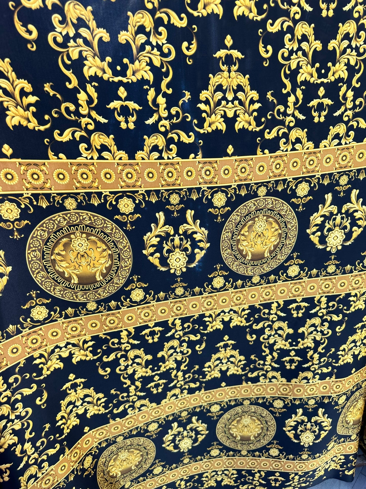 Luxury Fashion Brand design Black/Gold print on high quality of silky charmeuse satin 2-way stretch 58/60” Sold by the YD.