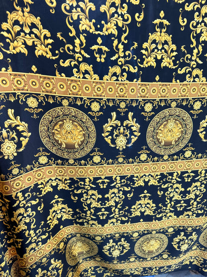 Luxury Fashion Brand design Black/Gold print on high quality of silky charmeuse satin 2-way stretch 58/60” Sold by the YD.