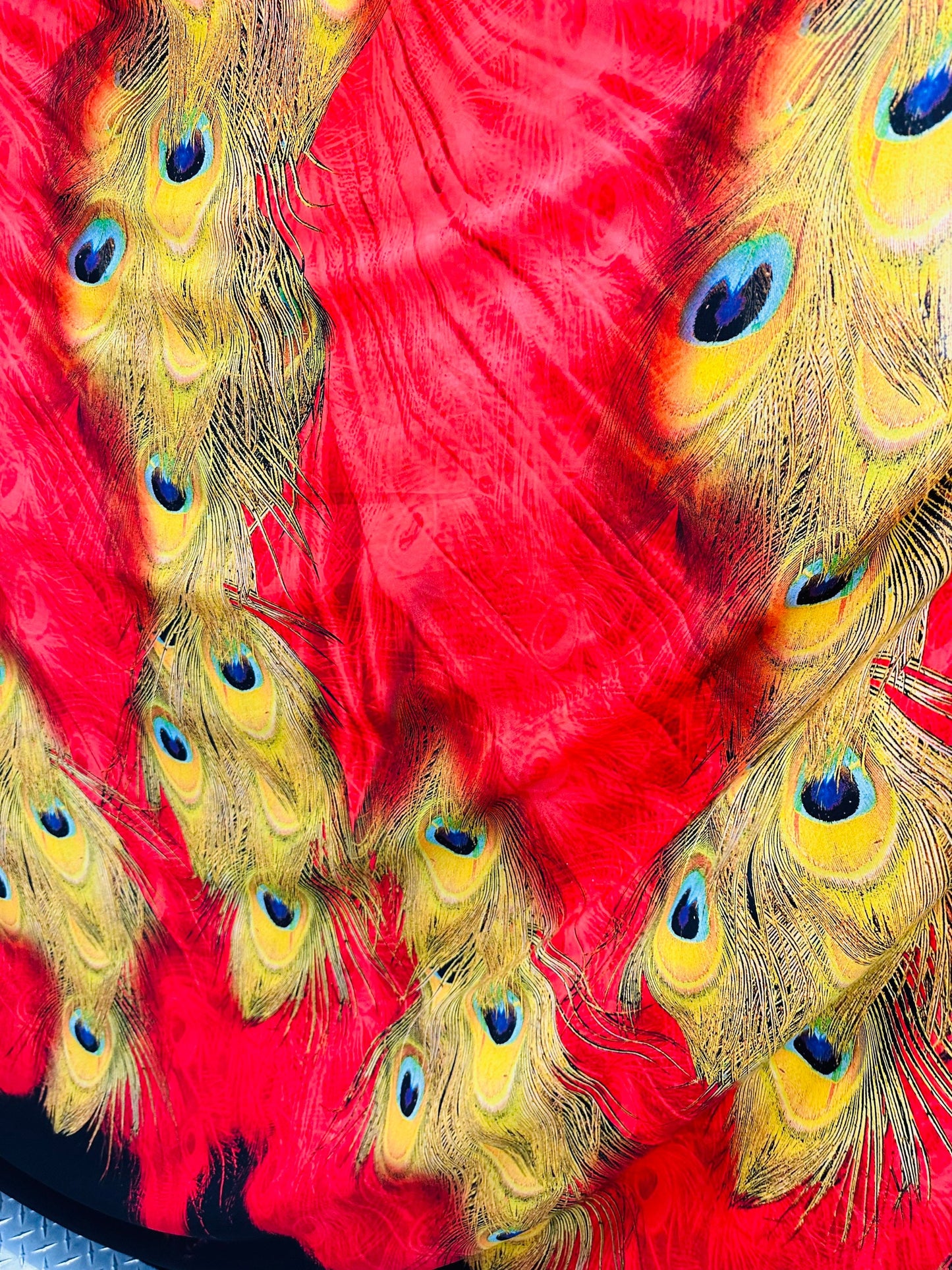 Exotic peacock design print on stretch chiffon poly silk 58/60” Sold by the YD. Ships worldwide from Los Angeles California USA