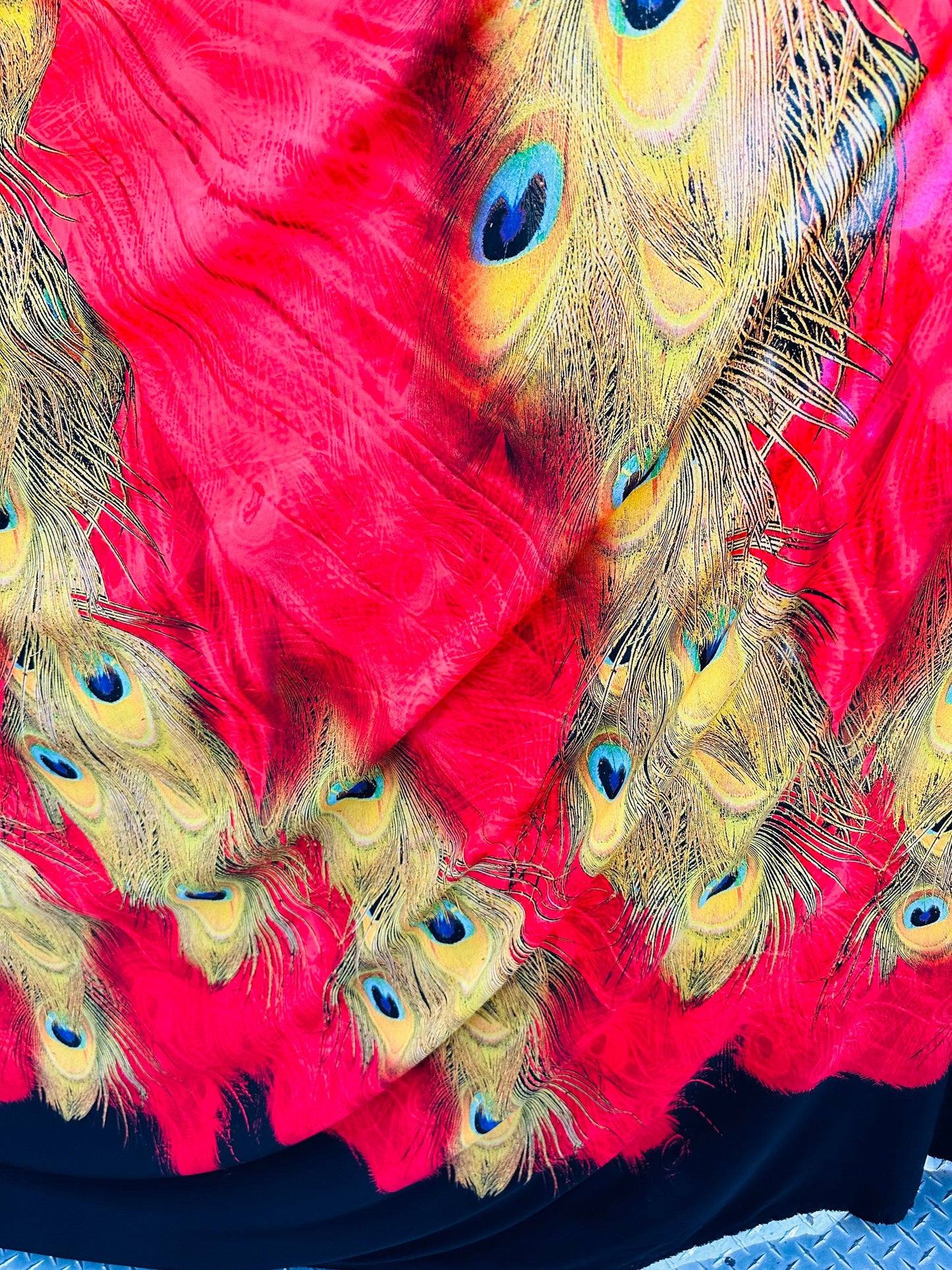 Exotic peacock design print on stretch chiffon poly silk 58/60” Sold by the YD. Ships worldwide from Los Angeles California USA