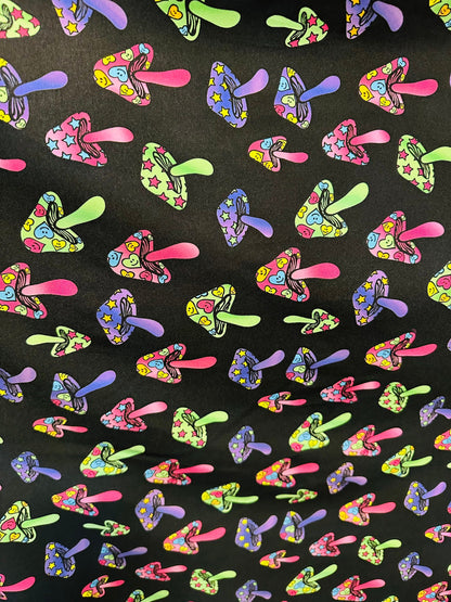 Mushrooms design with neon rainbow colors print on poly jumbo spandex 4-way stretch 58/60”