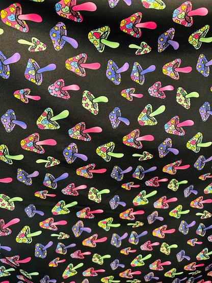 Mushrooms design with neon rainbow colors print on poly jumbo spandex 4-way stretch 58/60”