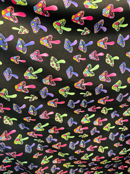 Mushrooms design with neon rainbow colors print on poly jumbo spandex 4-way stretch 58/60”