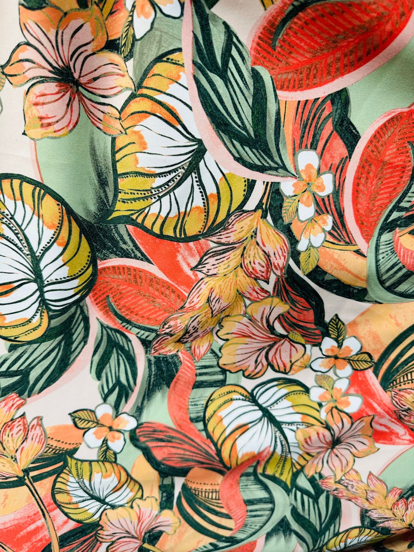 Tropical Leaves design print on great quality of nylon spandex 4-way stretch 58/60”