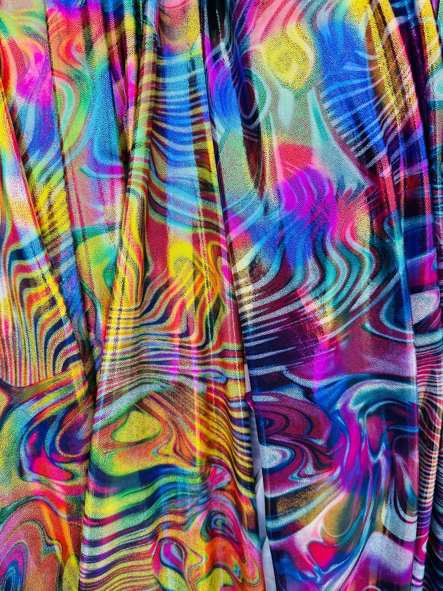 New Modern abstract Lava design hologram metallic nylon spandex 4-way stretch 58/60”