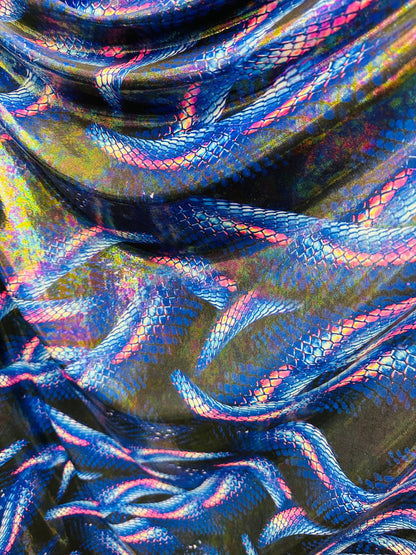 Anaconda Amazon design exotic animal print on iridescent hologram metallic nylon spandex with foggy foil 4-way stretch 58/60”