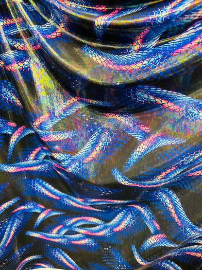 Anaconda Amazon design exotic animal print on iridescent hologram metallic nylon spandex with foggy foil 4-way stretch 58/60”