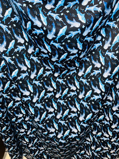 Multi Sharks design print on best quality of nylon spandex 4-way stretch 58/60” Blue Multi.