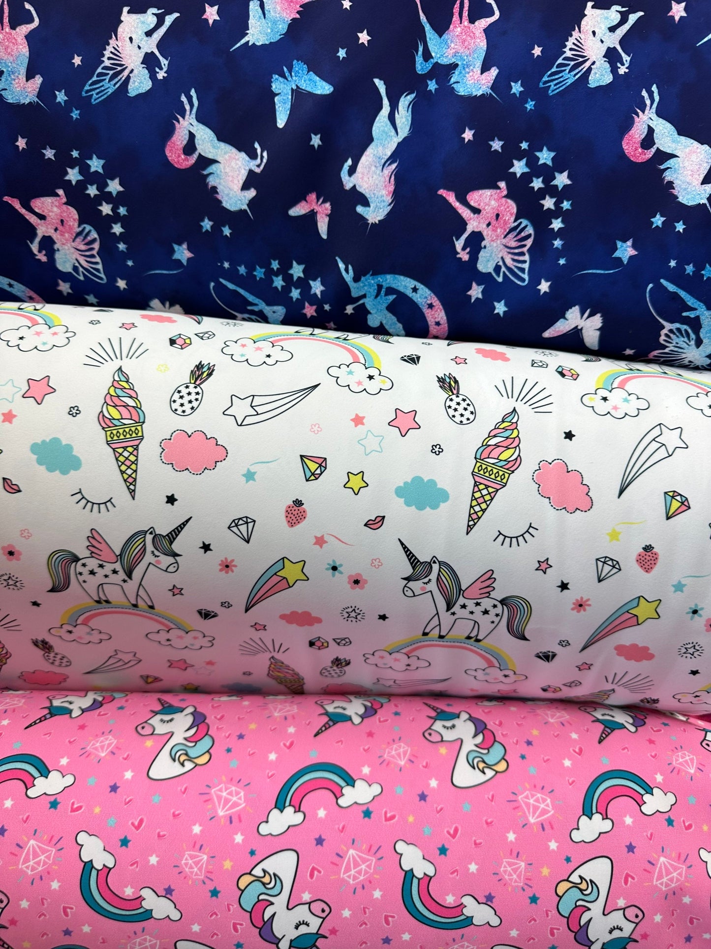 Unicorn design multicolor print on great quality of nylon spandex 4-way stretch 58/60” Sold by the YD. Ships worldwide