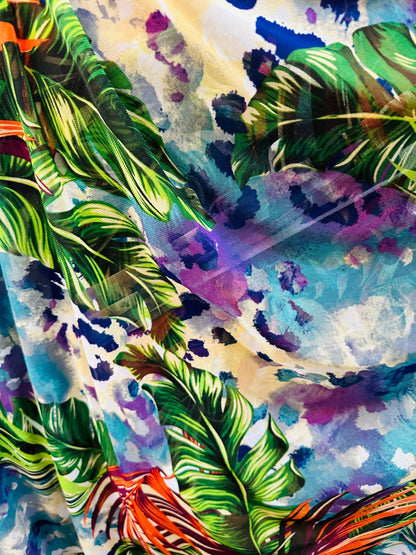 Electric tropical design print on great quality of nylon power mesh 4-way stretch 58/60”