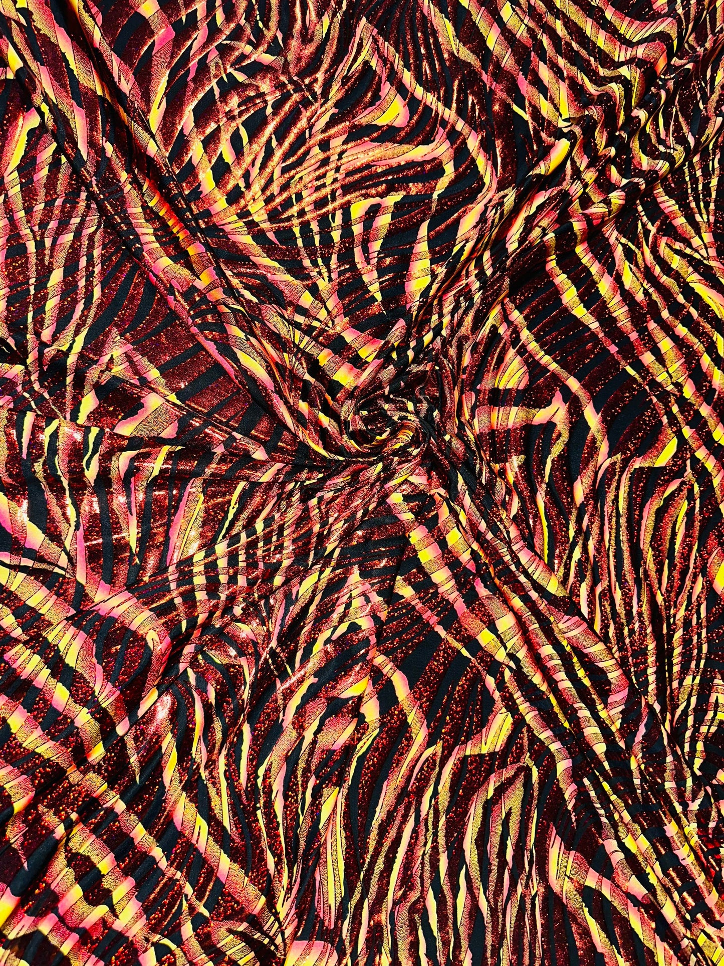 New Abstract Tiger design hologram metallic nylon spandex 4-way stretch 58/60” Sold by the YD.