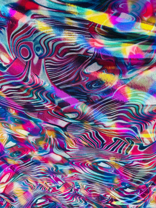 New Modern abstract Lava design hologram metallic nylon spandex 4-way stretch 58/60” Sold by the YD. Ships worldwide from Los Angeles