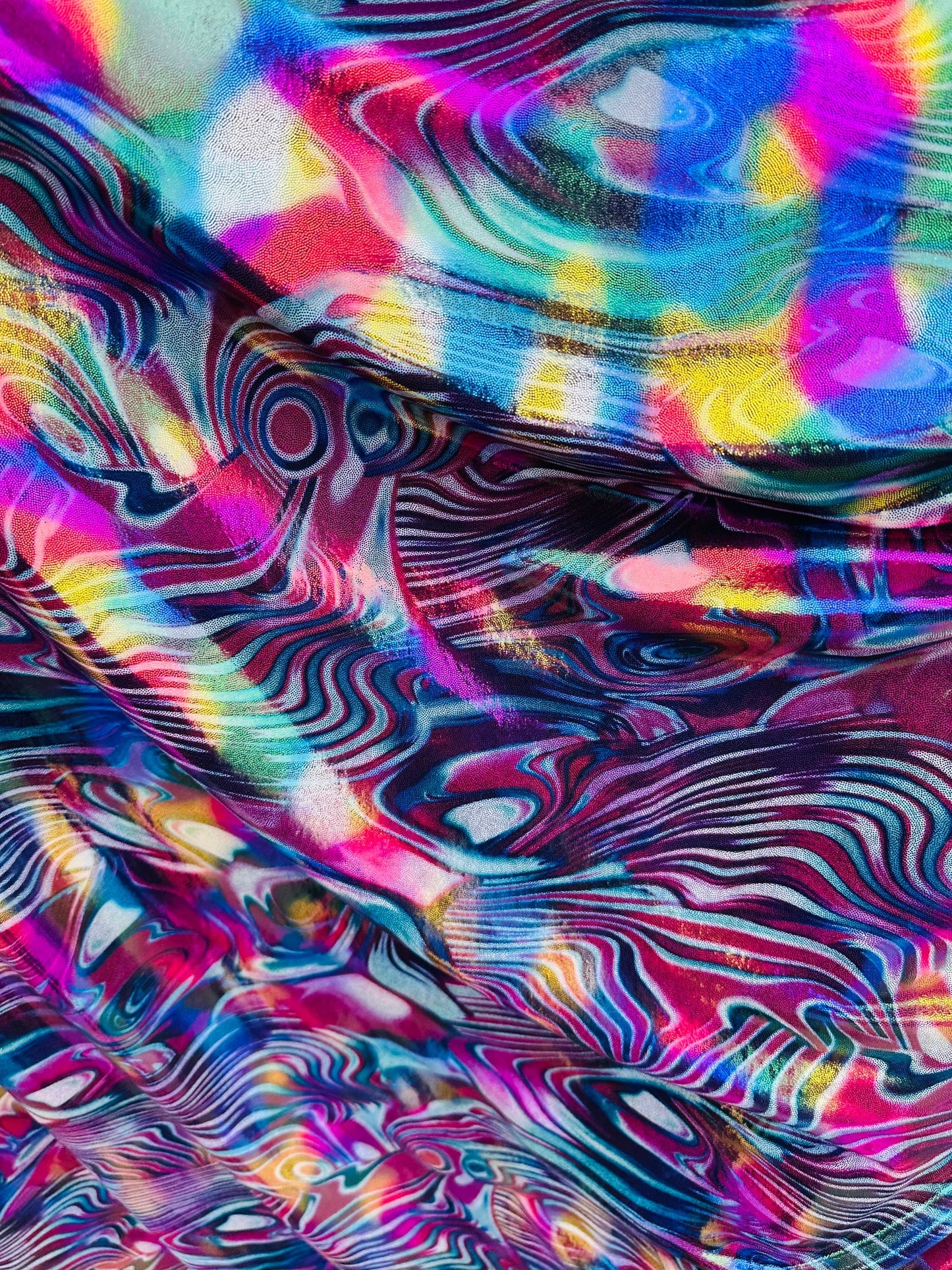 New Modern abstract Lava design hologram metallic nylon spandex 4-way stretch 58/60” Sold by the YD. Ships worldwide from Los Angeles