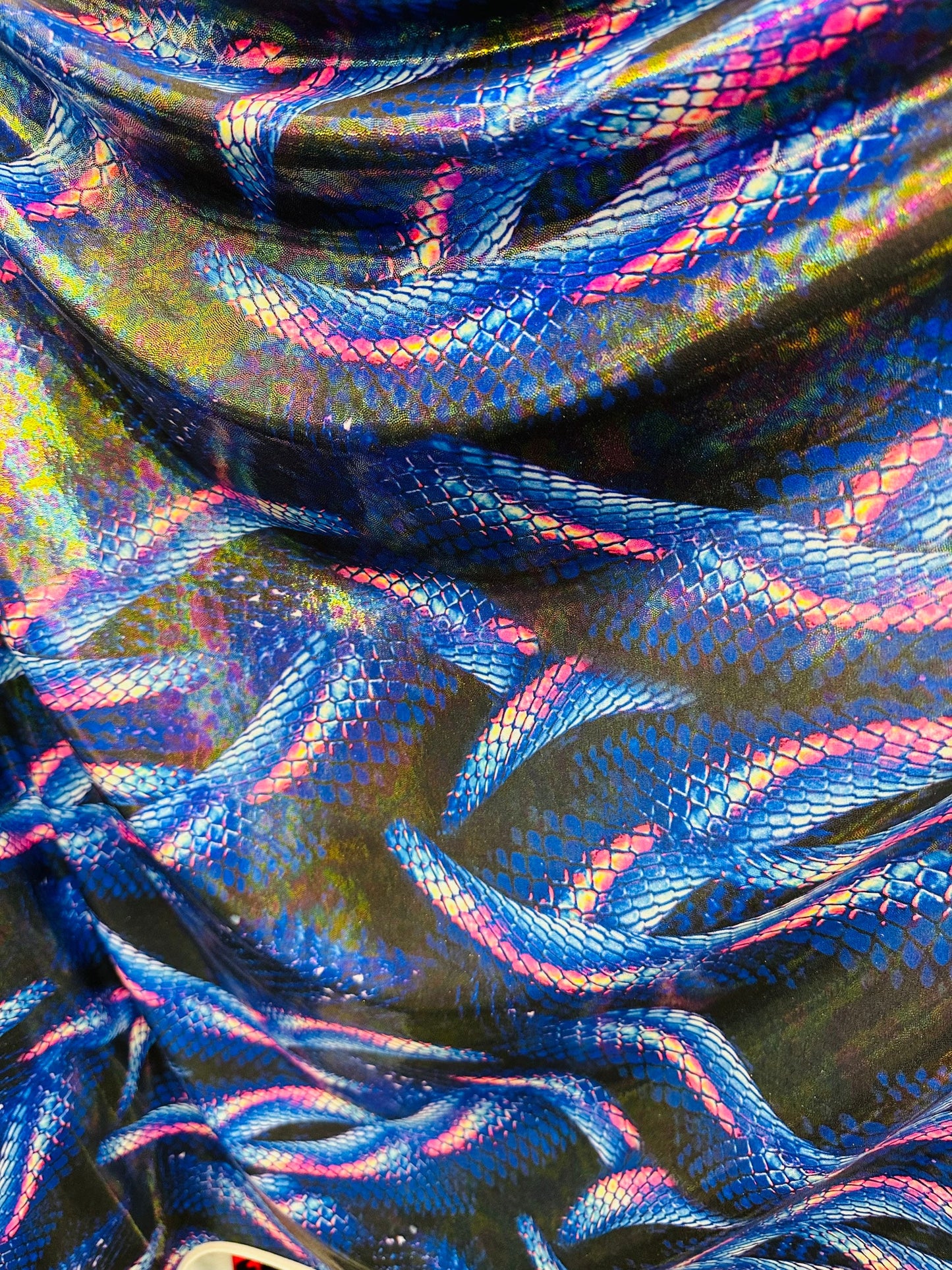 Anaconda Amazon design exotic animal print on iridescent hologram metallic nylon spandex with foggy foil 4-way stretch 58/60”