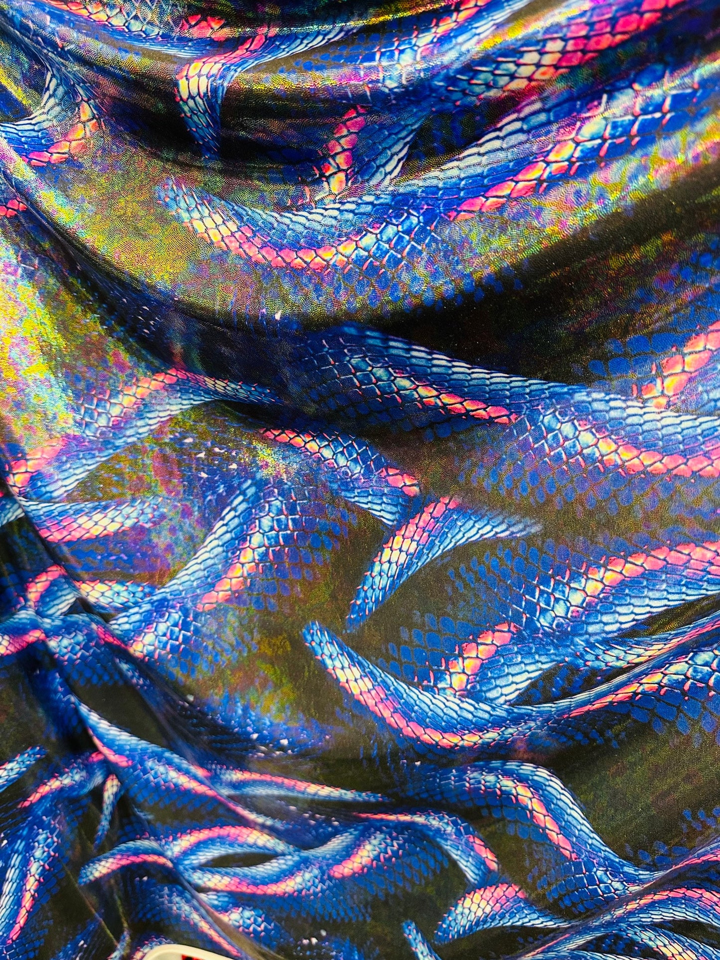 Anaconda Amazon design exotic animal print on iridescent hologram metallic nylon spandex with foggy foil 4-way stretch 58/60”