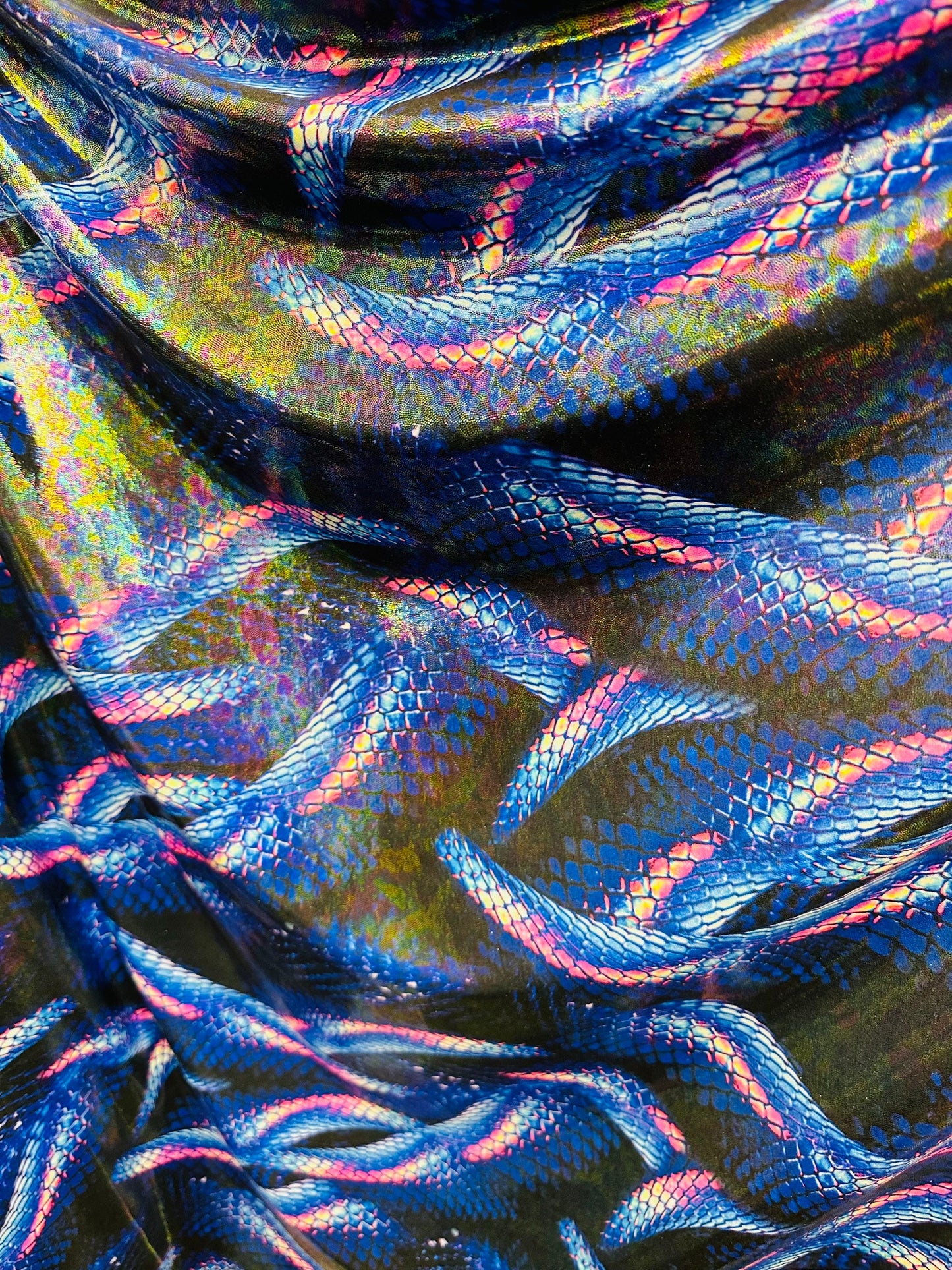 Anaconda Amazon design exotic animal print on iridescent hologram metallic nylon spandex with foggy foil 4-way stretch 58/60”