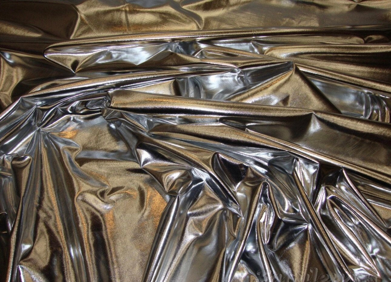 Super shiny metallic lame all over foil nylon spandex 4-way stretch 58/60” Sold by the YD.